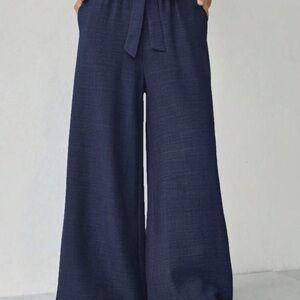 Navy Wide Leg Palazzo Pants with Tie Belt and Elastic Waistband